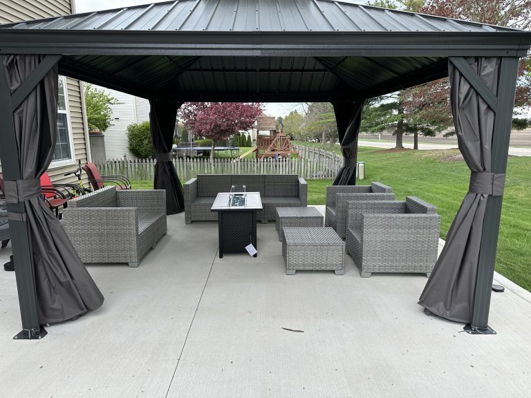 Fire pit table and patio furniture set assembly