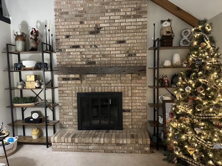 Distressed rustic mantel installation