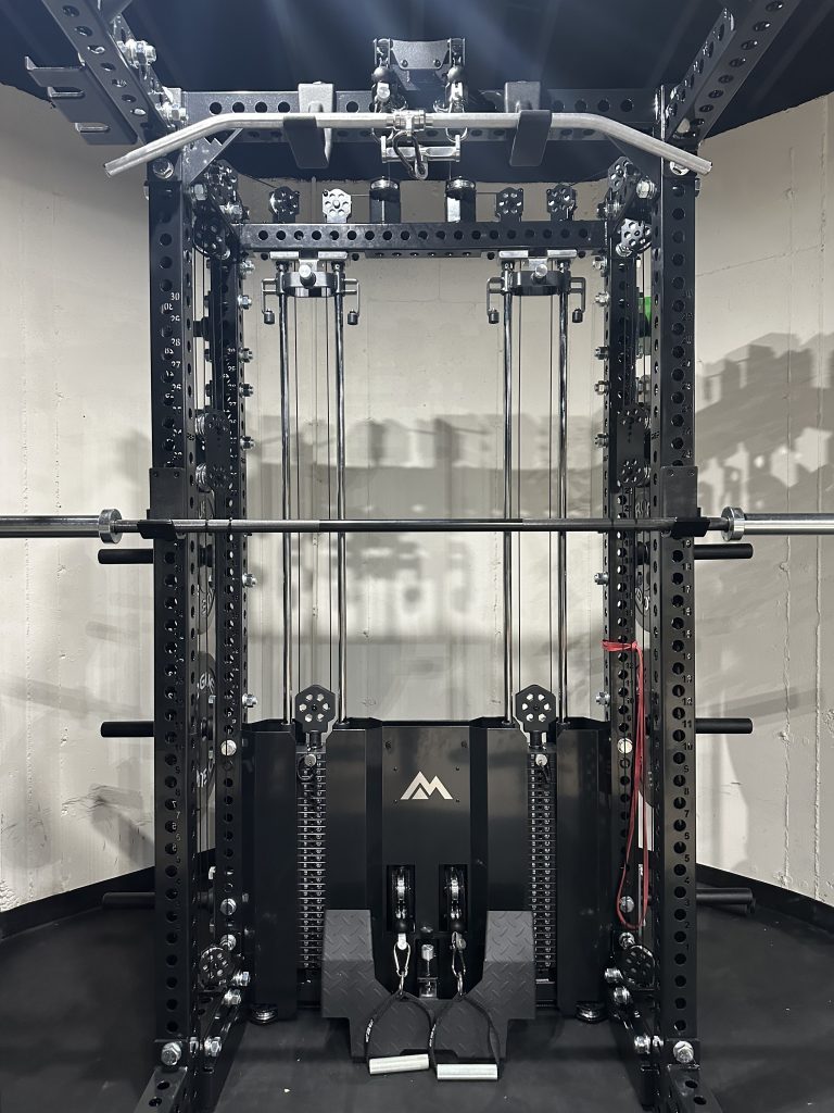 Assembly of Ares 2.0 cable and weight attachments to fitness power rack