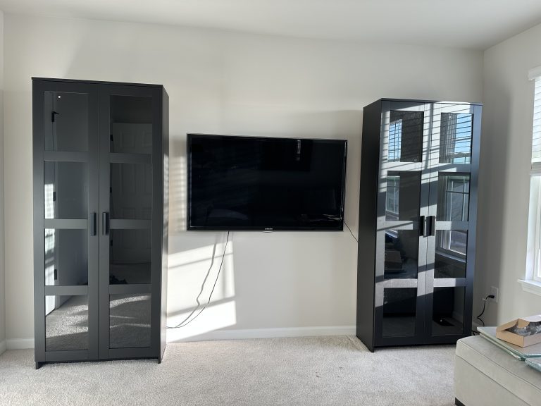 Assembly of BRIMNES glass-door cabinets and STJARNO bed frame