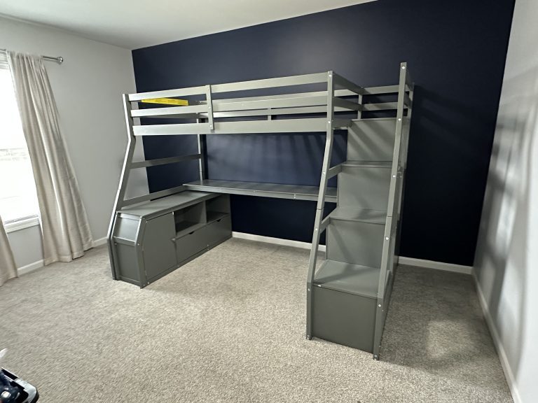Assembly of loft bed with desk and storage