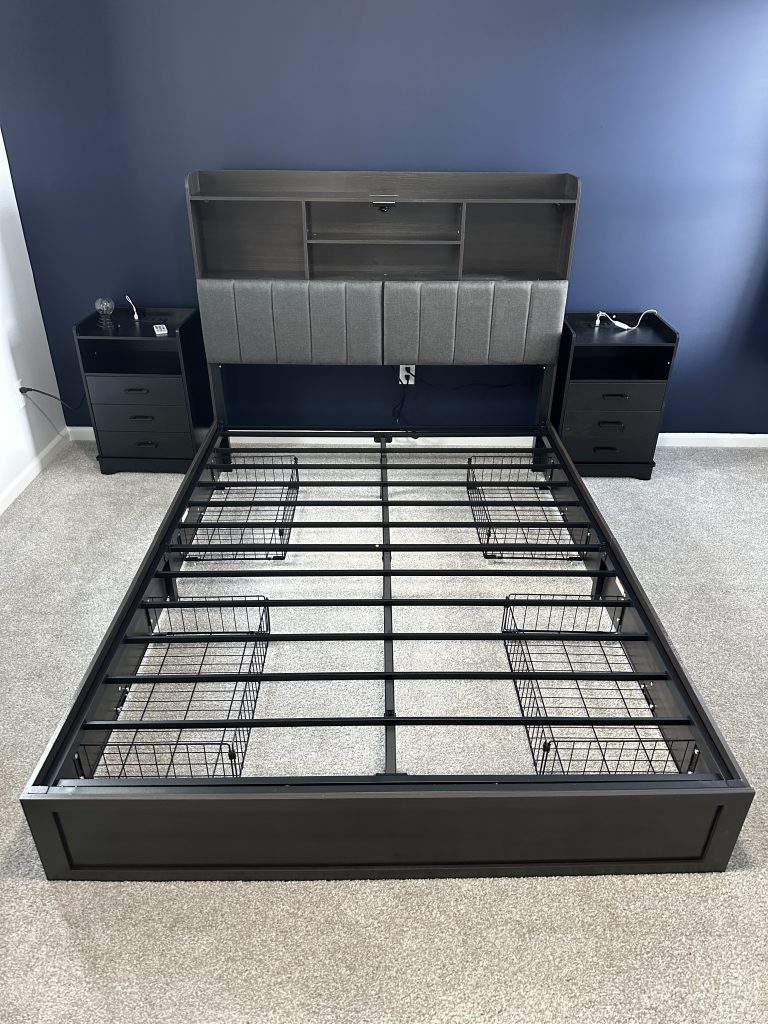 Assembly of storage bed and nightstands