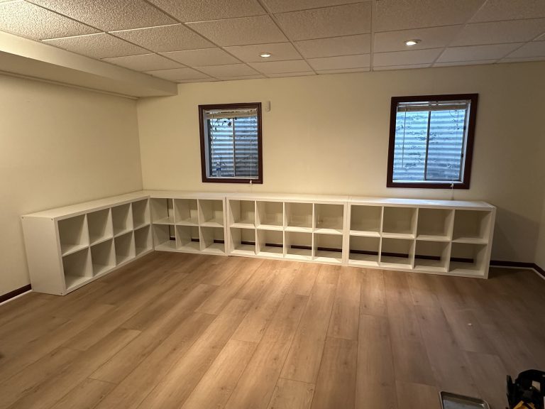 Assembly of four IKEA KALLAX shelving units