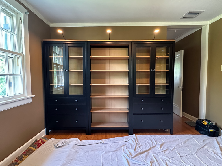Assembly of IKEA HEMNES bookcases and glass door cabinets