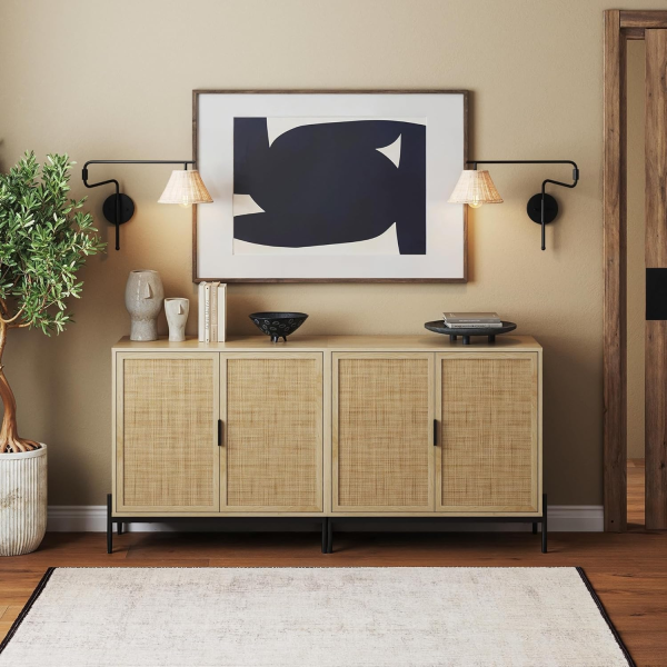 Nathan James Andrew Bohemian TV Stand or Kitchen Sideboard Credenza, Rattan Accent Cabinet