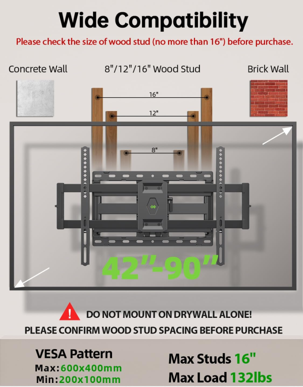 Full Motion TV Wall Mount for Most 42-90 inch TVs